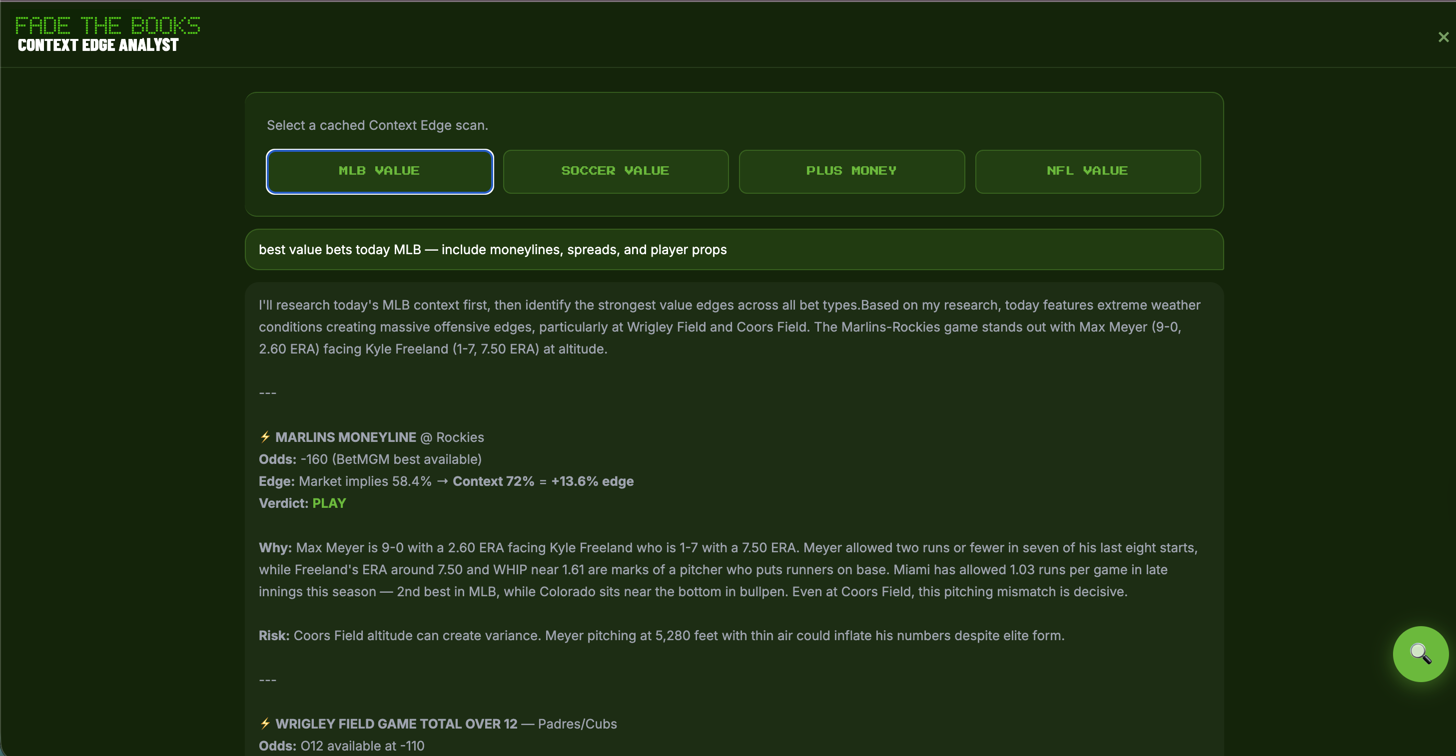 Context Edge Analyst modal showing MLB Value, Soccer Value, Plus Money, and NFL Value tabs