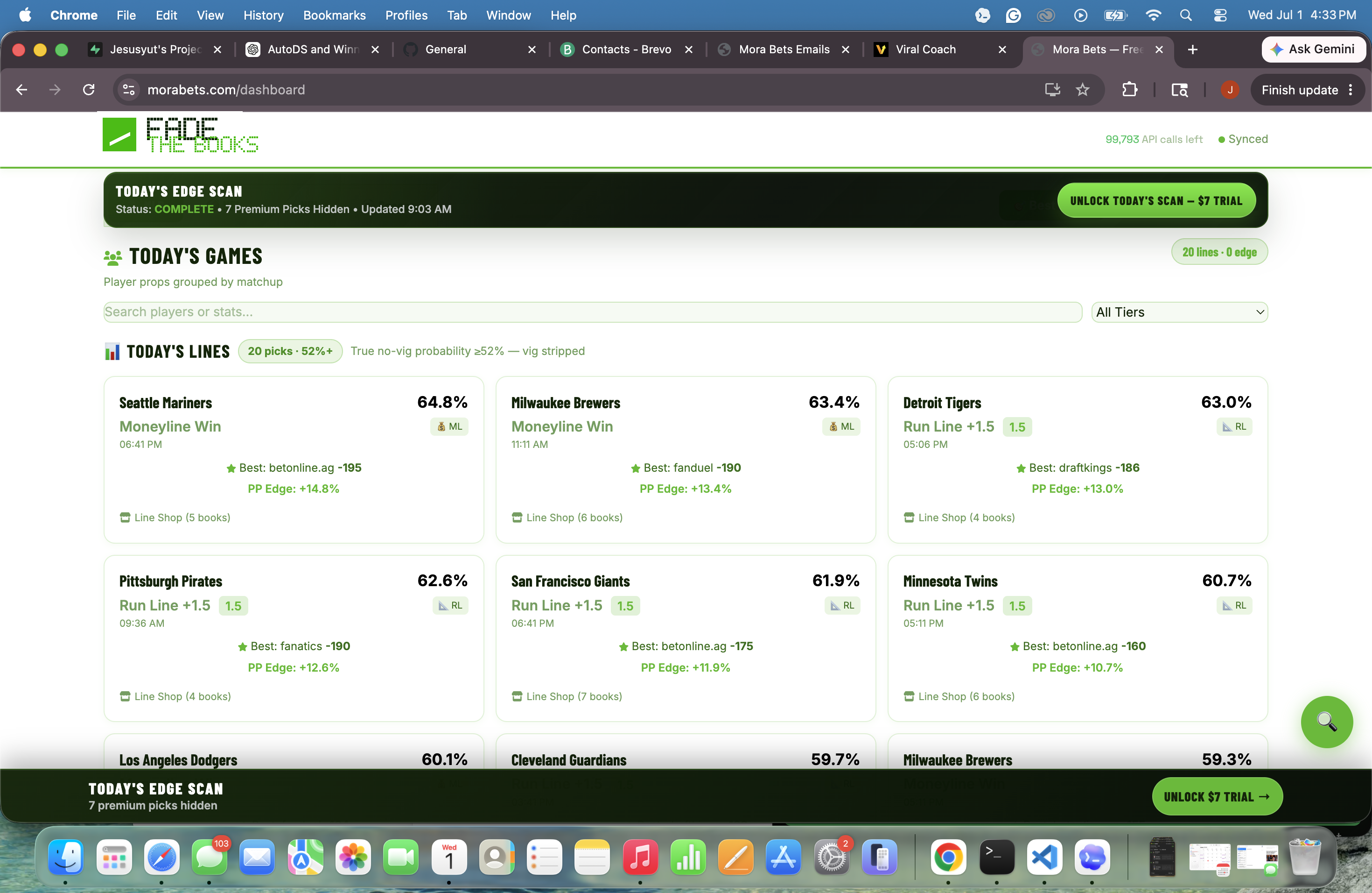 Fade the Books dashboard showing today's no-vig board with probabilities and best available lines